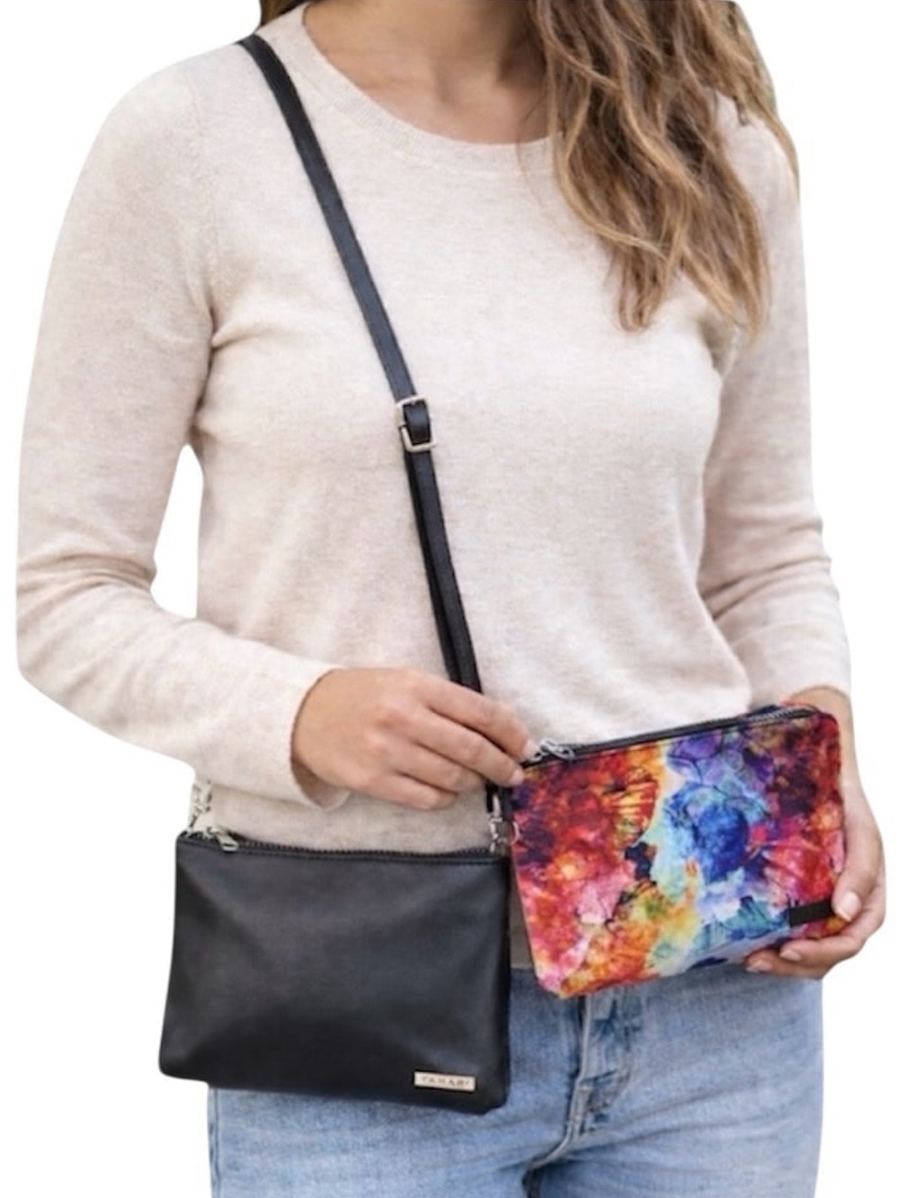 Tahari Black Crossbody Bag and Watercolor Wristlet Set